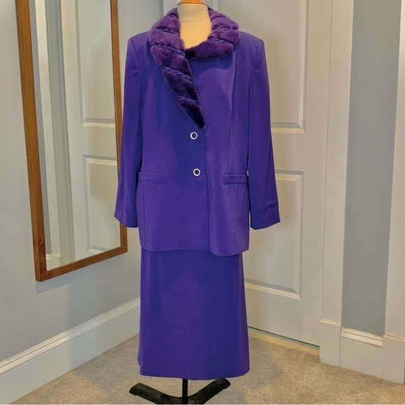 Natasia Collection Faux Fur Collar Purple formal skirt suit set Mother of bride - Picture 2 of 12